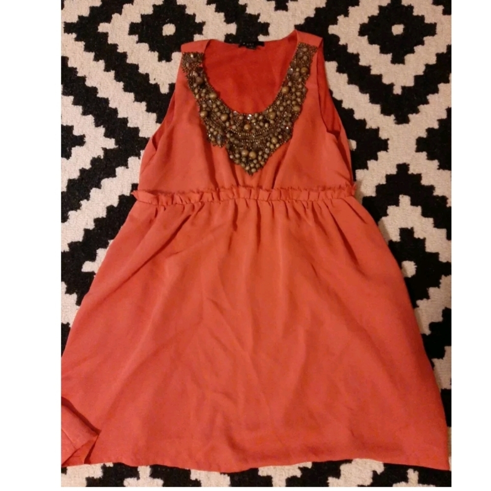 XX1 HEAVLY BEADED NECKLINE MINI DRESS ORANGE LARGE